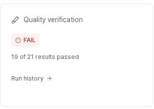 프로젝트 개요의 품질 검증 카드. FAIL, 21개 결과 중 19개 통과.